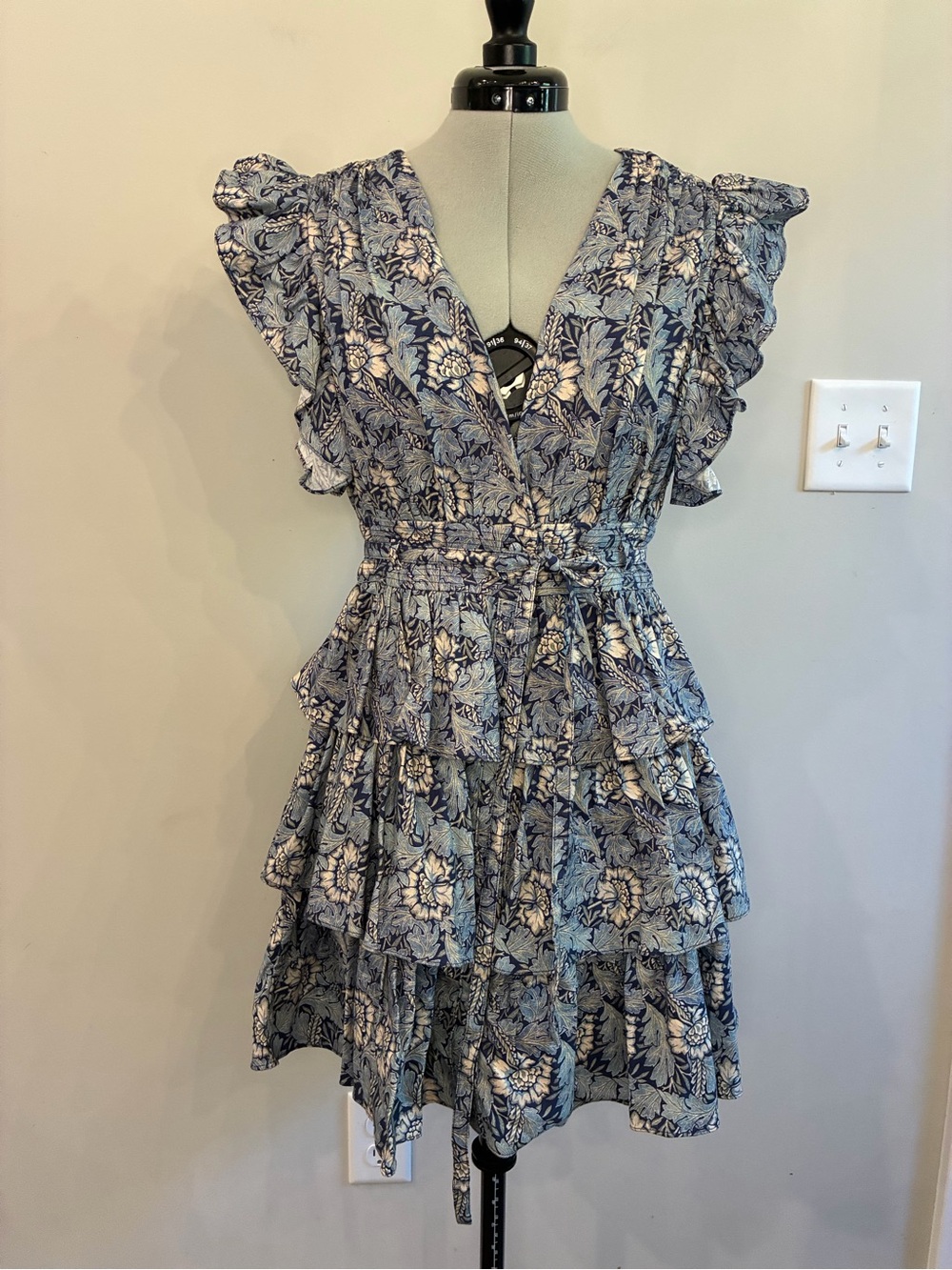 Floral Blue Ruffle Tiered Midi Dress with Tie Waist